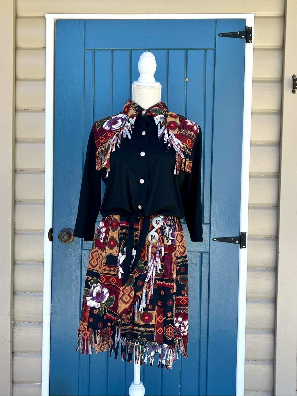 VTG 90s Ozark Mountain Jean Co Western Button Up Shirt and Wrap Skirt Set Fringe